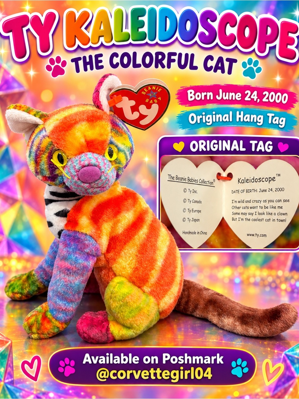 Ty Kaleidoscope Multicolor Plush Cat - Rainbow Stripes